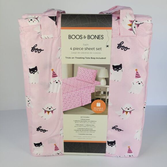 Halloween Pink White Cute Ghosts Boos & Bones TWIN 4pc Sheets Set Girls Bedding - Picture 2 of 11